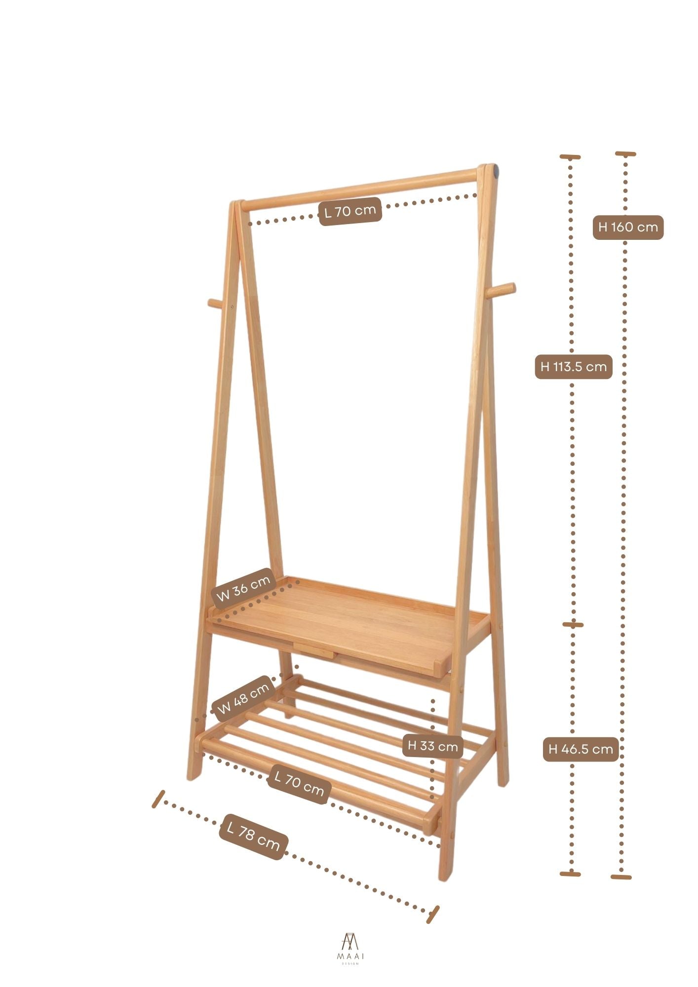 MAAI Design Shatsu shelf ราวผ้า แขวนเสื้อผ้าหมวกฯลฯ ทำจากไม้แท้มีชั้นวางของ2ชั้น